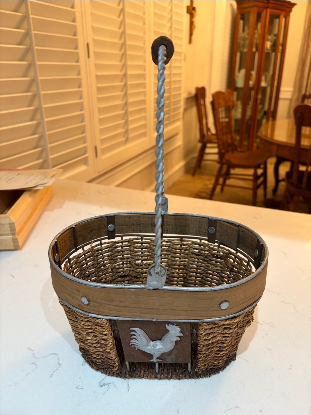 Vintage Metal & Wood Braided Weaved Basket Metal Rooster Logo PreOwned